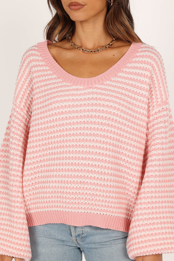 Becca Crewneck Waffle Stitch Stripe Knit Sweater - Pink - Image 2