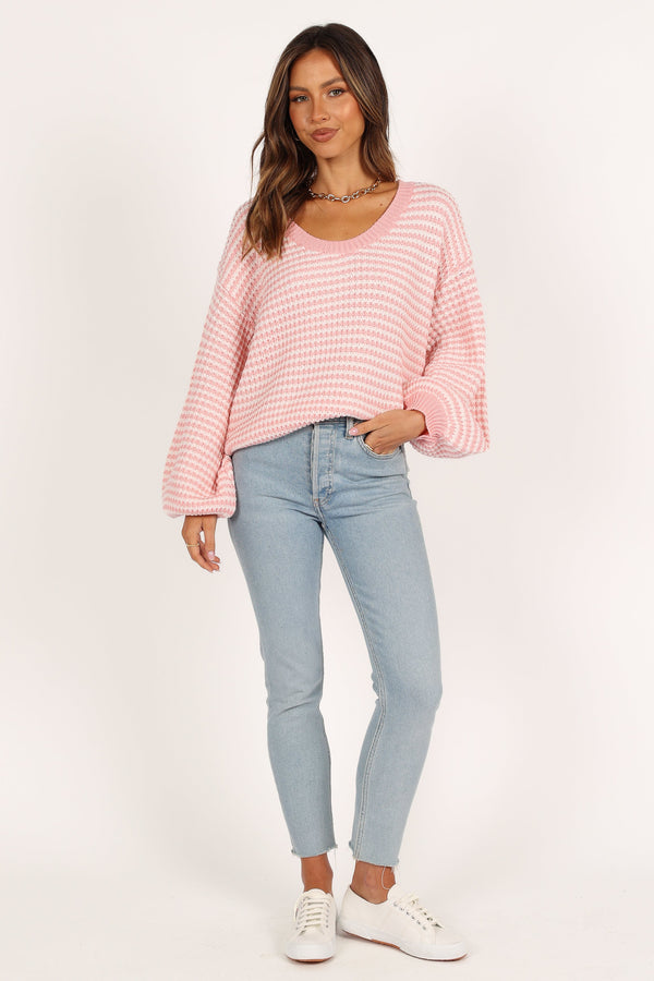 Becca Crewneck Waffle Stitch Stripe Knit Sweater - Pink - Image 3